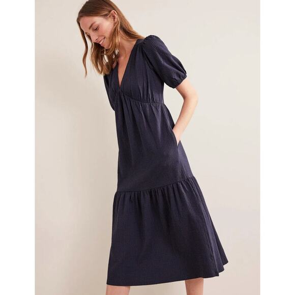 BODEN Navy Blue Jersey Seersucker Puff Sleeve V-Neck Cotton Midi Dress - Picture 4 of 11